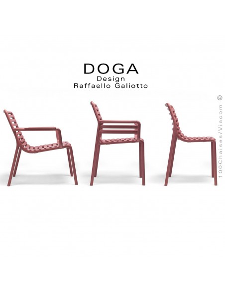Collection DOGA, chaise bistrot, fauteuil avec accoudoirs, fauteuil lounge et table.