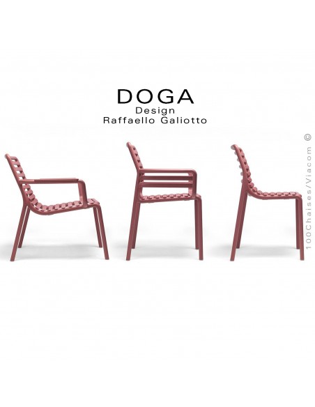 Collection DOGA, chaise bistrot, fauteuil avec accoudoirs, fauteuil lounge et table.