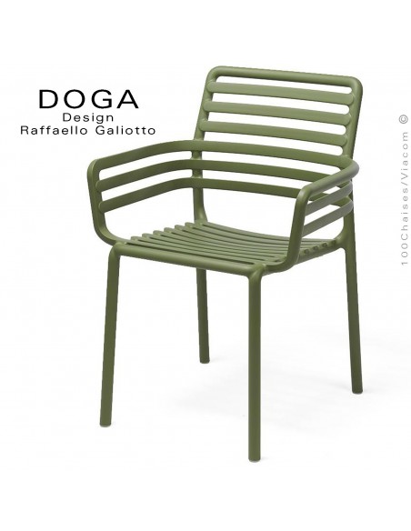 Fauteuil design DOGA, structure et assise plastique monobloc couleur vert Agave.