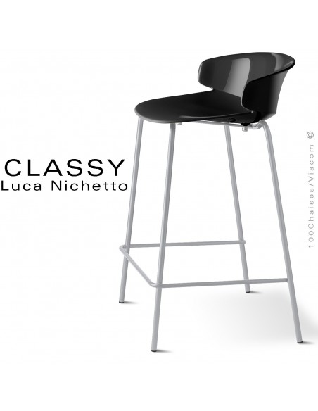 Tabouret de cuisine CLASSY, piétement peint aluminium, assise coque plastique couleur noir.
