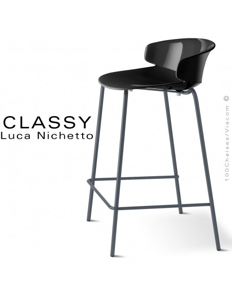 Tabouret de cuisine CLASSY, piétement peint anthracite, assise coque plastique couleur noir.