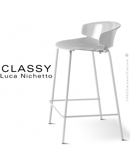 Tabouret de cuisine CLASSY, piétement peint blanc, assise coque plastique couleur blanc.