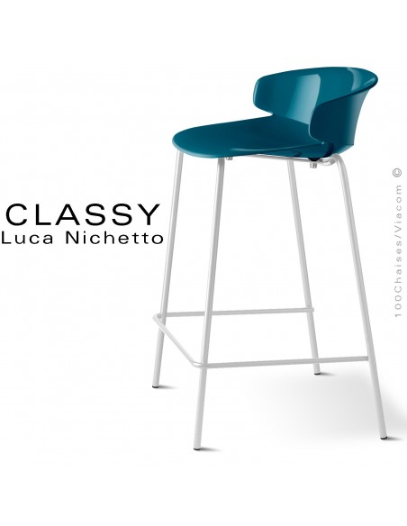 Tabouret de cuisine CLASSY, piétement peint blanc, assise coque plastique couleur bleu d'eau.