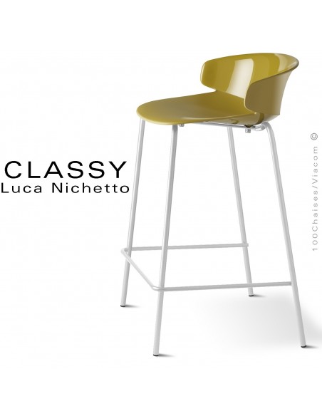 Tabouret de cuisine CLASSY, piétement peint blanc, assise coque plastique couleur jaune curry.