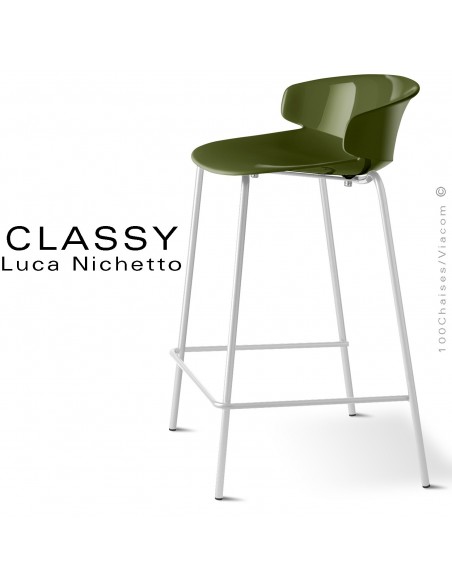 Tabouret de cuisine CLASSY, piétement peint blanc, assise coque plastique couleur vert olive.