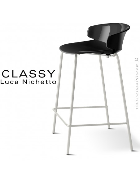 Tabouret de cuisine CLASSY, piétement peint blanc pur, assise coque plastique couleur noir.