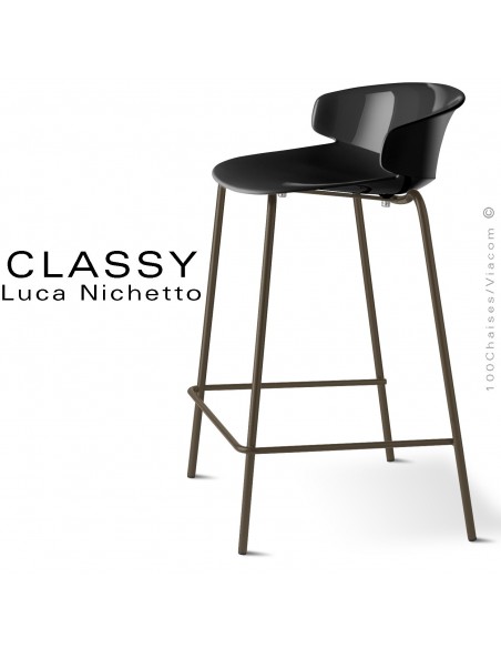 Tabouret de cuisine CLASSY, piétement peint marron, assise coque plastique couleur noir.