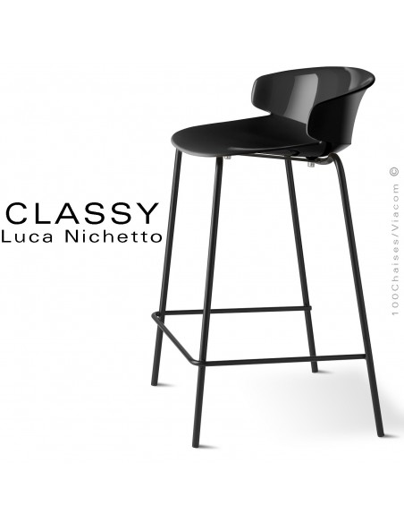 Tabouret de cuisine CLASSY, piétement peint noir, assise coque plastique couleur noir.