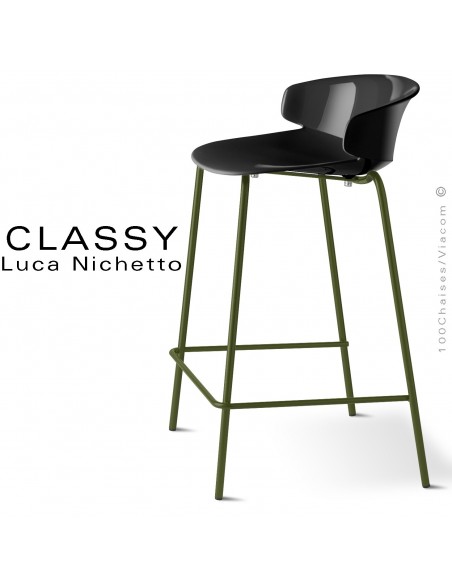 Tabouret de cuisine CLASSY, piétement peint vert olive, assise coque plastique couleur noir.