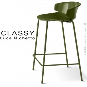 Tabouret de cuisine CLASSY, piétement peint vert olive, assise coque plastique couleur vert olive.
