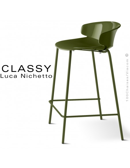 Tabouret de cuisine CLASSY, piétement peint vert olive, assise coque plastique couleur vert olive.