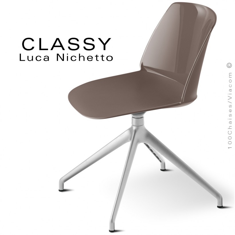 Chaise de bureau pivotante CLASSY, piétement aluminium brillant, coque plastique argile.