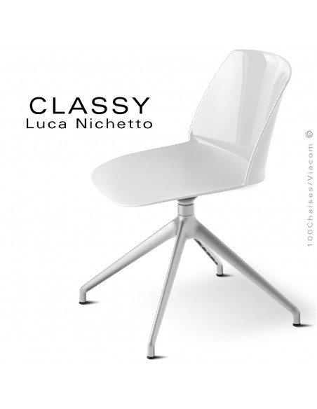 Chaise de bureau pivotante CLASSY, piétement aluminium brillant, coque plastique blanche.