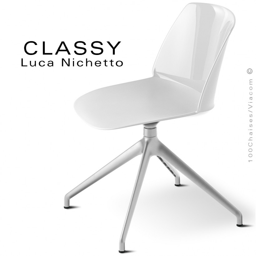 Chaise de bureau pivotante CLASSY, piétement aluminium brillant, coque plastique blanche.