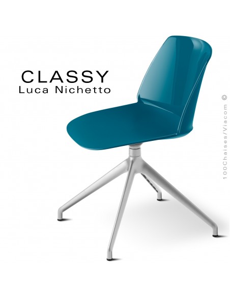 Chaise de bureau pivotante CLASSY, piétement aluminium brillant, coque plastique bleu d'eau.