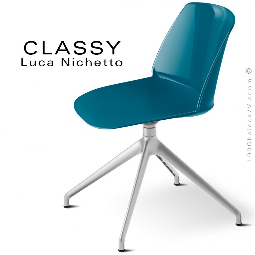 Chaise de bureau pivotante CLASSY, piétement aluminium brillant, coque plastique bleu d'eau.