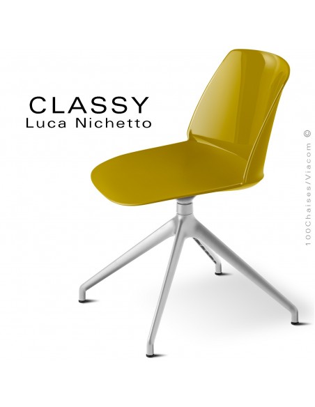 Chaise de bureau pivotante CLASSY, piétement aluminium brillant, coque plastique jaune curry.