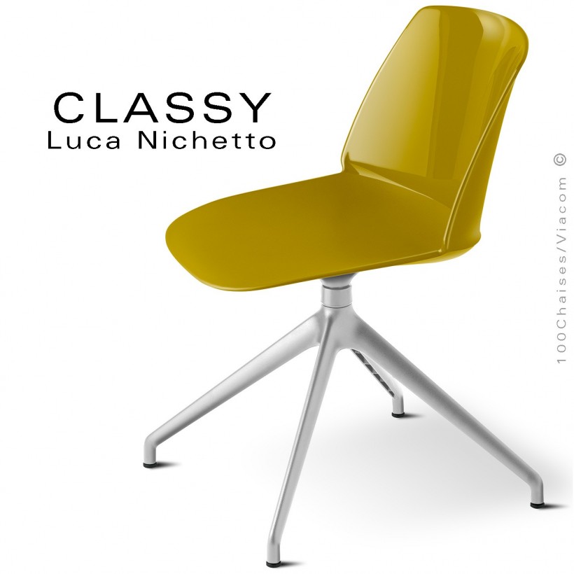 Chaise de bureau pivotante CLASSY, piétement aluminium brillant, coque plastique jaune curry.