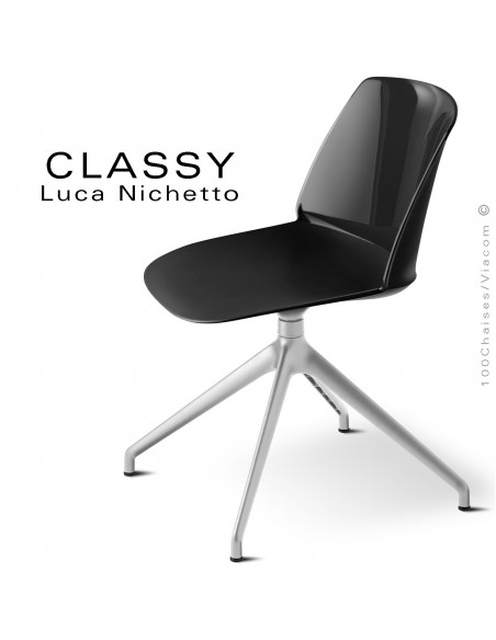 Chaise de bureau pivotante CLASSY, piétement aluminium brillant, coque plastique noir.