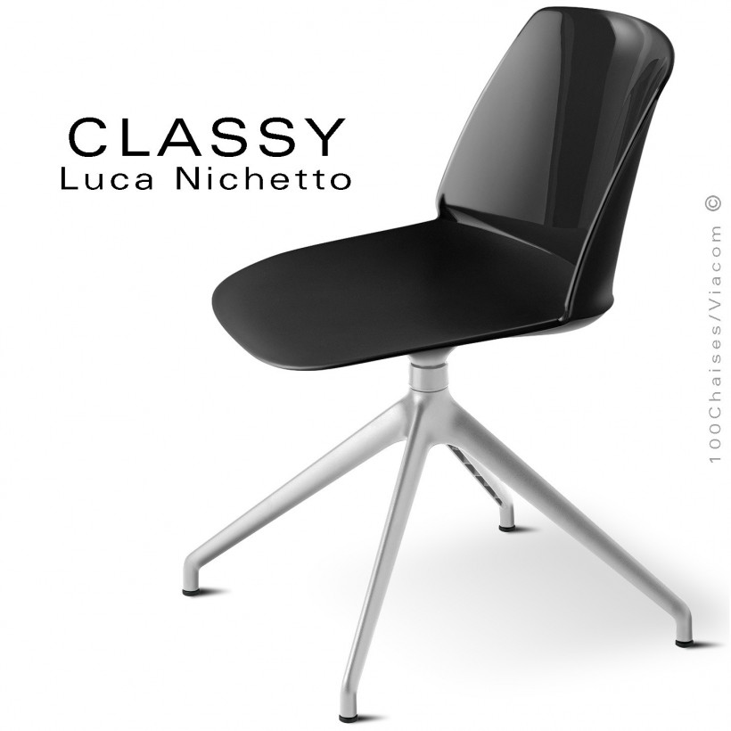 Chaise de bureau pivotante CLASSY, piétement aluminium brillant, coque plastique noir.