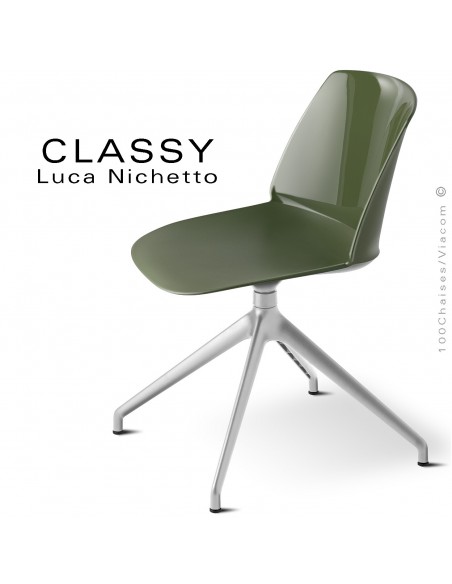 Chaise de bureau pivotante CLASSY, piétement aluminium brillant, coque plastique vert olive.