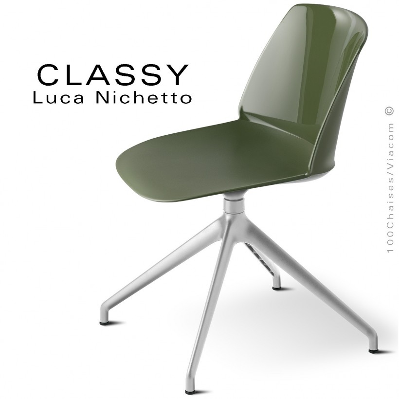 Chaise de bureau pivotante CLASSY, piétement aluminium brillant, coque plastique vert olive.