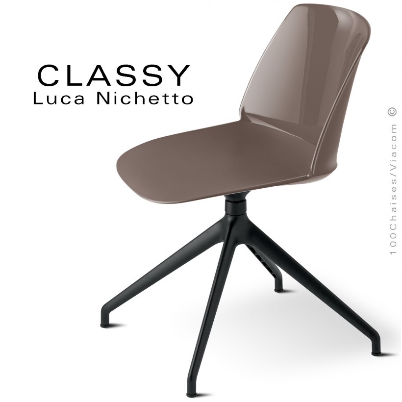 Chaise de bureau pivotante CLASSY, piétement aluminium peint noir, coque plastique argile.