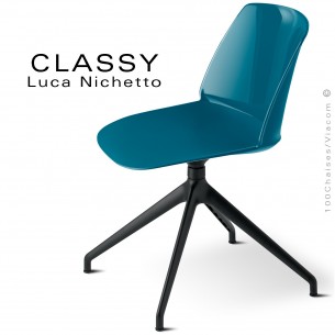Chaise de bureau pivotante CLASSY, piétement aluminium peint noir, coque plastique bleu d'eau.