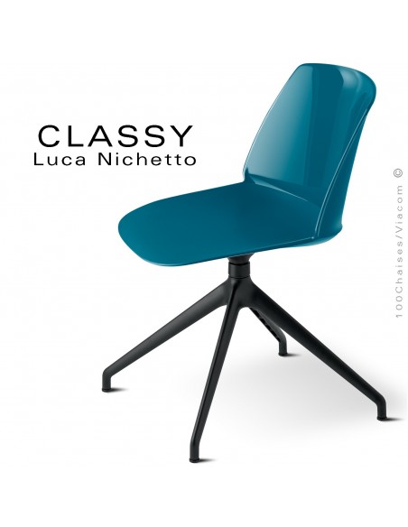 Chaise de bureau pivotante CLASSY, piétement aluminium peint noir, coque plastique bleu d'eau.