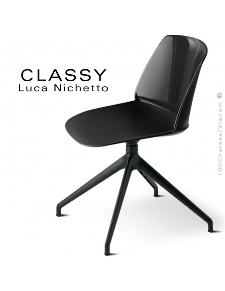 Chaise de bureau pivotante CLASSY, piétement aluminium peint noir, coque plastique noir.