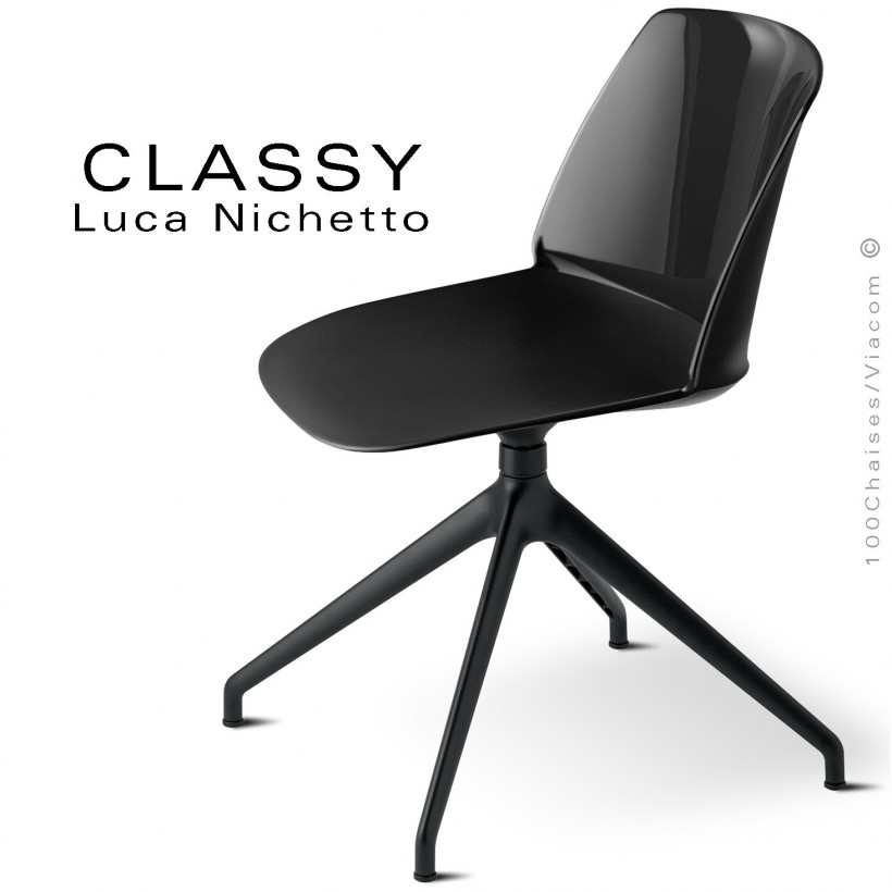 Chaise de bureau pivotante CLASSY, piétement aluminium peint noir, coque plastique noir.