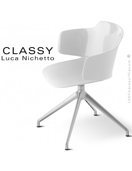 Chaise de bureau design CLASSY, piétement aluminium brillant, assise coque plastique couleur blanche, pivotante avec accoudoirs