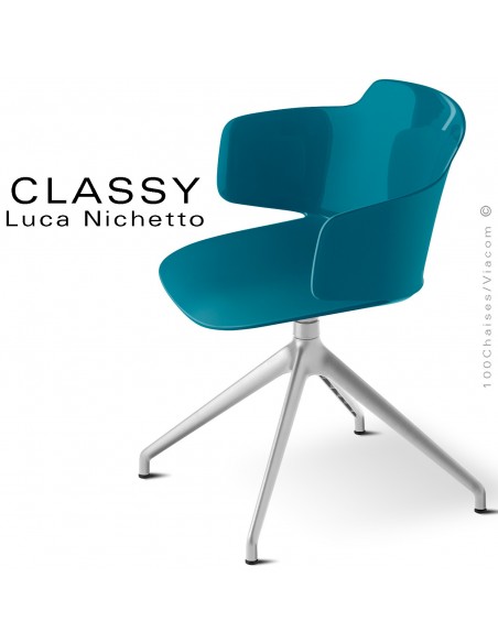 Chaise de bureau design CLASSY, piétement aluminium brillant, assise coque couleur bleu d'eau, pivotante avec accoudoirs