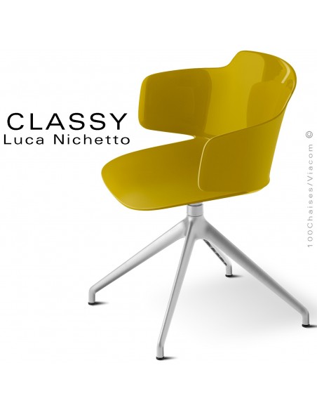 Chaise de bureau design CLASSY, piétement aluminium brillant, assise coque couleur jaune curry, pivotante avec accoudoirs