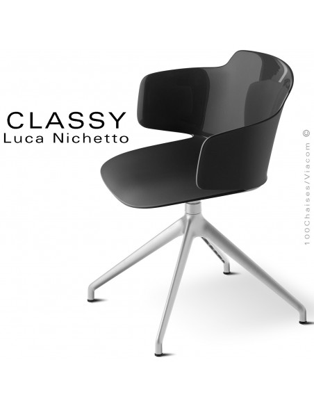 Chaise de bureau design CLASSY, piétement aluminium brillant, assise coque couleur noir, pivotante avec accoudoirs