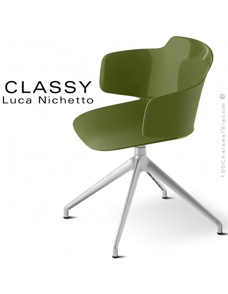 Chaise de bureau design CLASSY, piétement aluminium brillant, assise coque couleur vert olive, pivotante avec accoudoirs