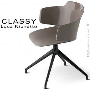 Chaise de bureau design CLASSY, piétement aluminium noir, assise coque plastique couleur argile, pivotante avec accoudoirs