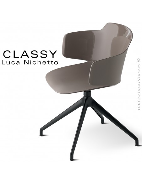Chaise de bureau design CLASSY, piétement aluminium noir, assise coque plastique couleur argile, pivotante avec accoudoirs