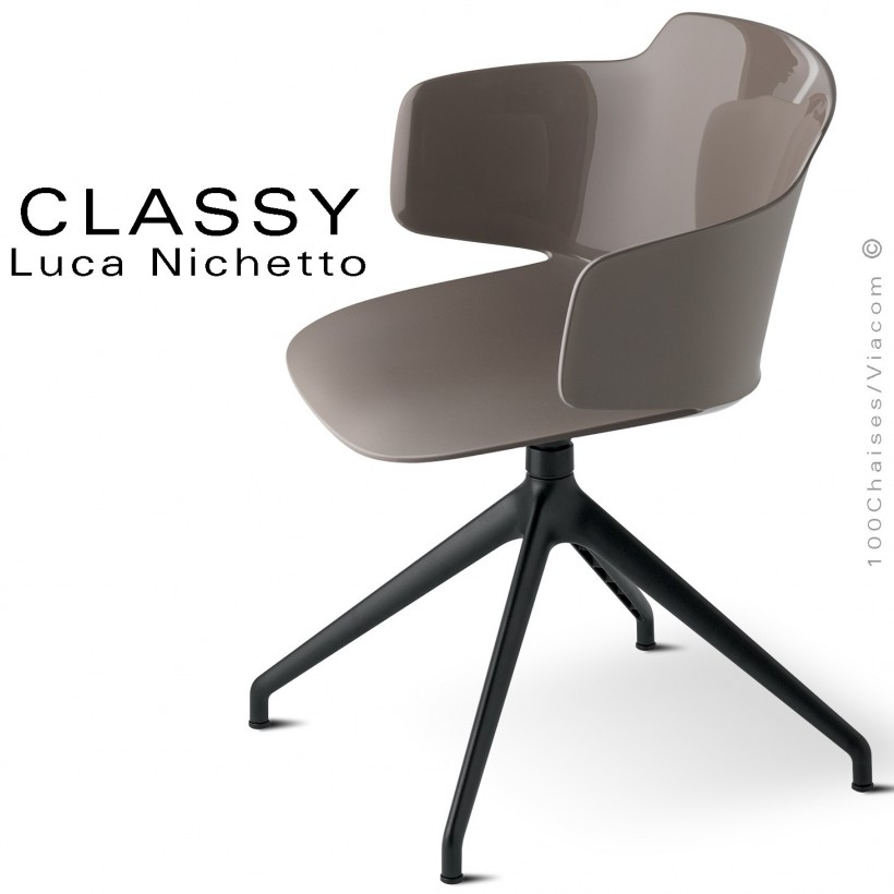 Fauteuil de bureau design CLASSY, piétement aluminium, assise pivotante  coque plastique couleur avec accoudoirs.