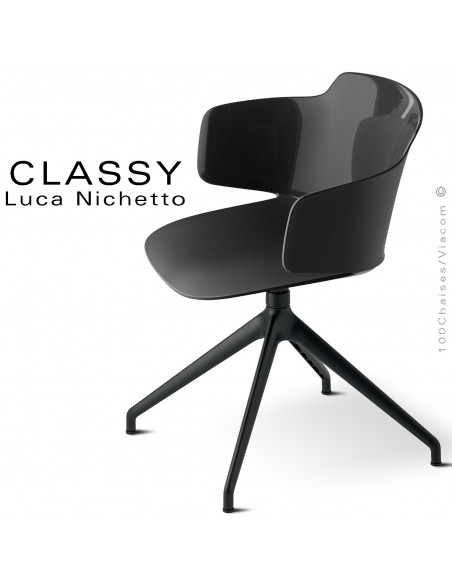 Chaise de bureau design CLASSY, piétement aluminium noir, assise coque plastique couleur noir, pivotante avec accoudoirs