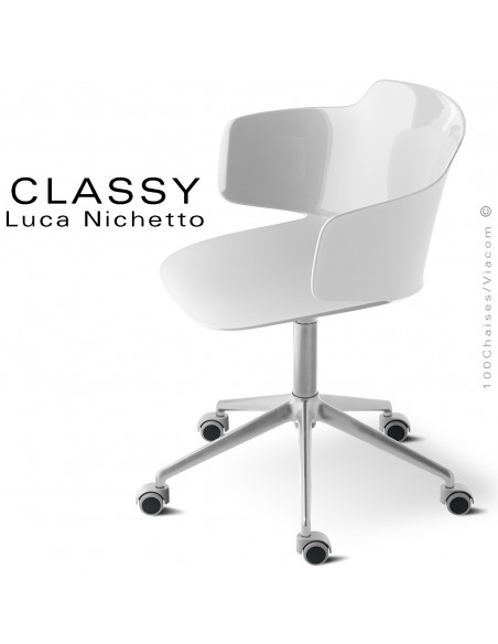 Fauteuil de bureau CLASSY, piétement aluminium brillant avec roulettes, assise pivotante coque couleur blanche avec accoudoirs.
