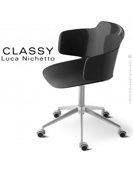 Fauteuil de bureau CLASSY, piétement aluminium brillant avec roulettes, assise pivotante couleur noir avec accoudoirs.