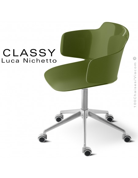 Fauteuil de bureau CLASSY, piétement aluminium brillant avec roulettes, assise pivotante couleur vert olive avec accoudoirs.