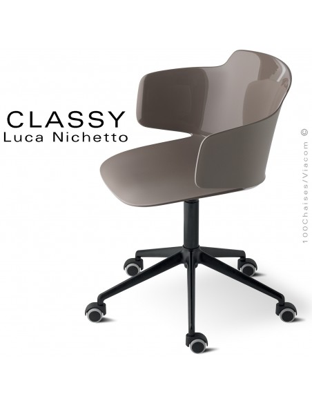 Fauteuil de bureau CLASSY, piétement aluminium noir avec roulettes, assise pivotante couleur argile avec accoudoirs.