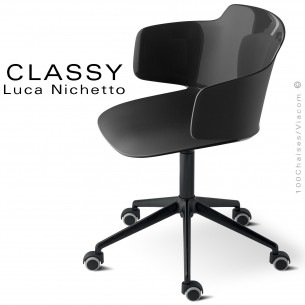 Fauteuil de bureau CLASSY, piétement aluminium noir avec roulettes, assise pivotante couleur noir avec accoudoirs.