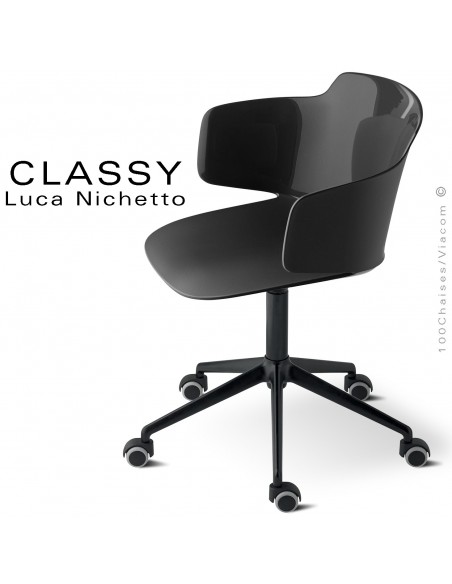 Fauteuil de bureau CLASSY, piétement aluminium noir avec roulettes, assise pivotante couleur noir avec accoudoirs.
