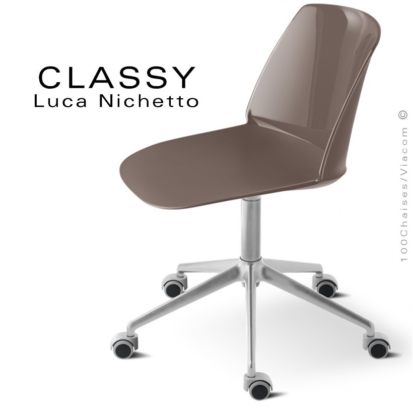 Chaise de bureau pivotante CLASSY, piétement aluminium brillant, assise pivotante coque plastique argile.