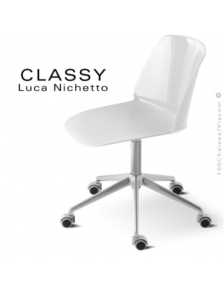 Chaise de bureau pivotante CLASSY, piétement aluminium brillant, assise pivotante coque plastique blanche.