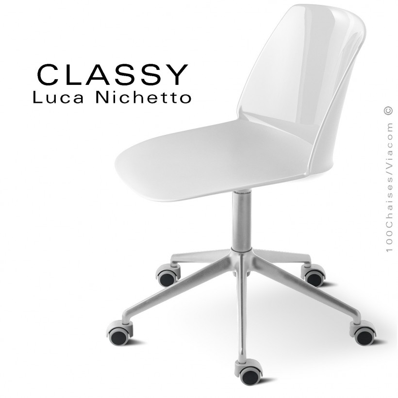 Chaise de bureau pivotante CLASSY, piétement aluminium brillant, assise pivotante coque plastique blanche.