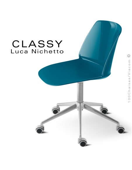 Chaise de bureau pivotante CLASSY, piétement aluminium brillant, assise pivotante coque plastique bleu d'eau.
